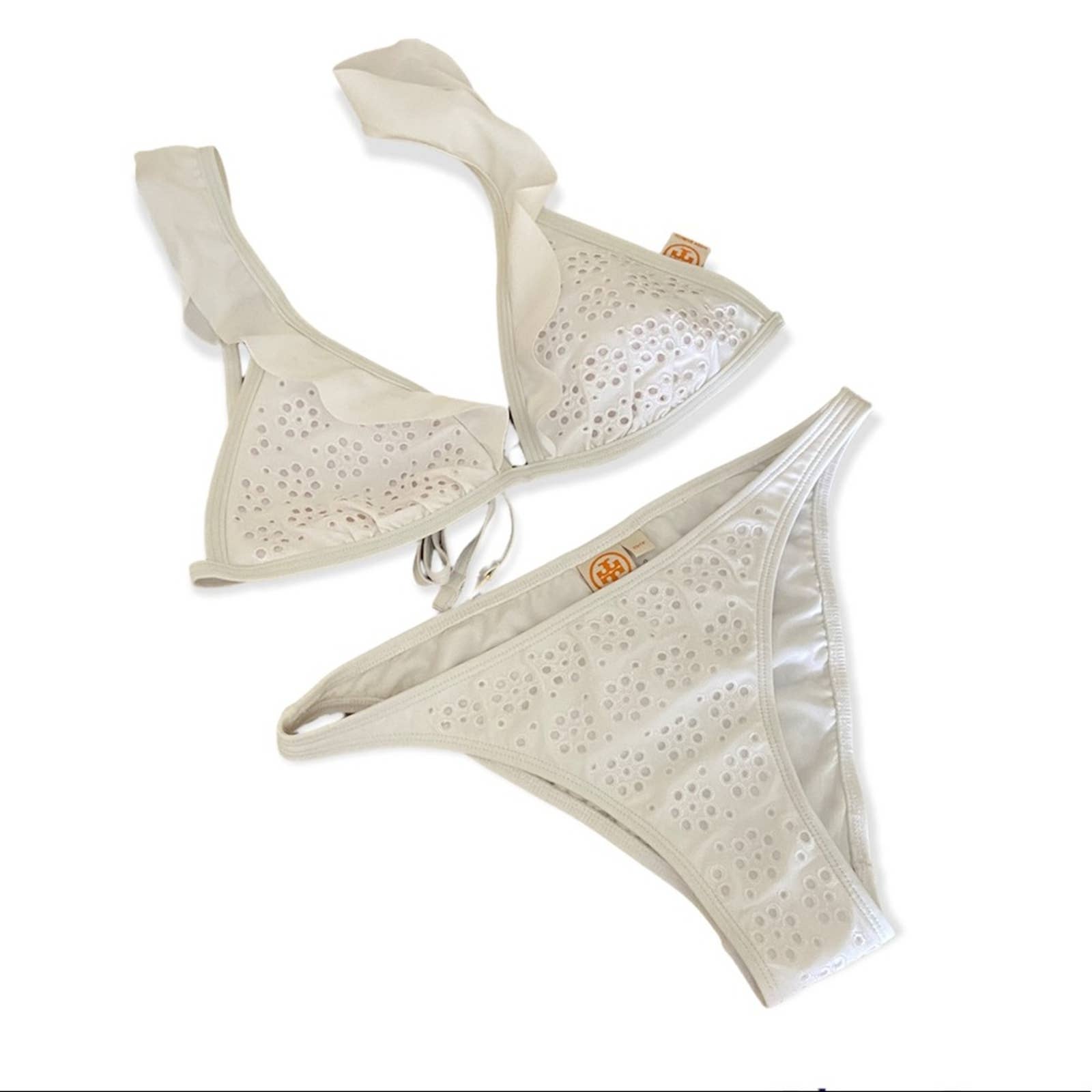 Tory burch broderie anglaise flounce ruffle eyelet lace 2 pc white bikini xs/s