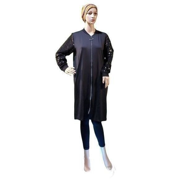 Crew Neck Glittery Long Sleeves Zipper Tunic Midi Dress