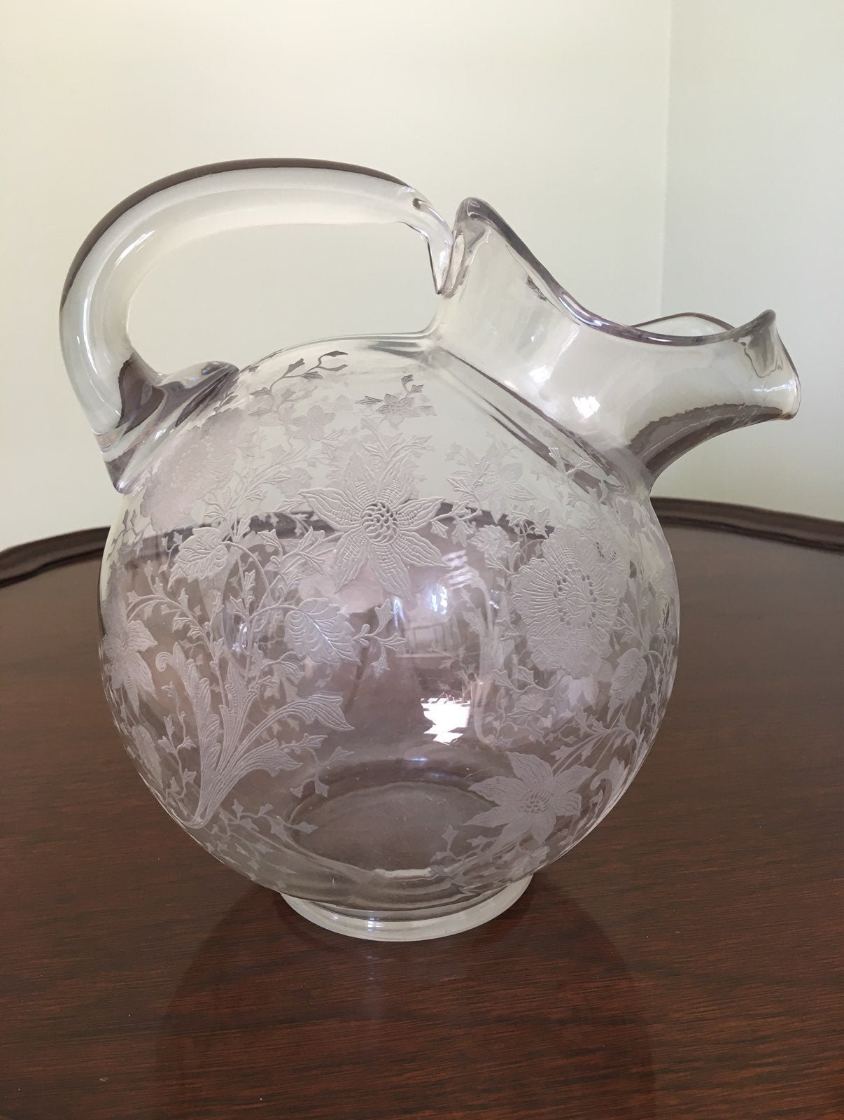 Vintage etched Round Glass Pitcher