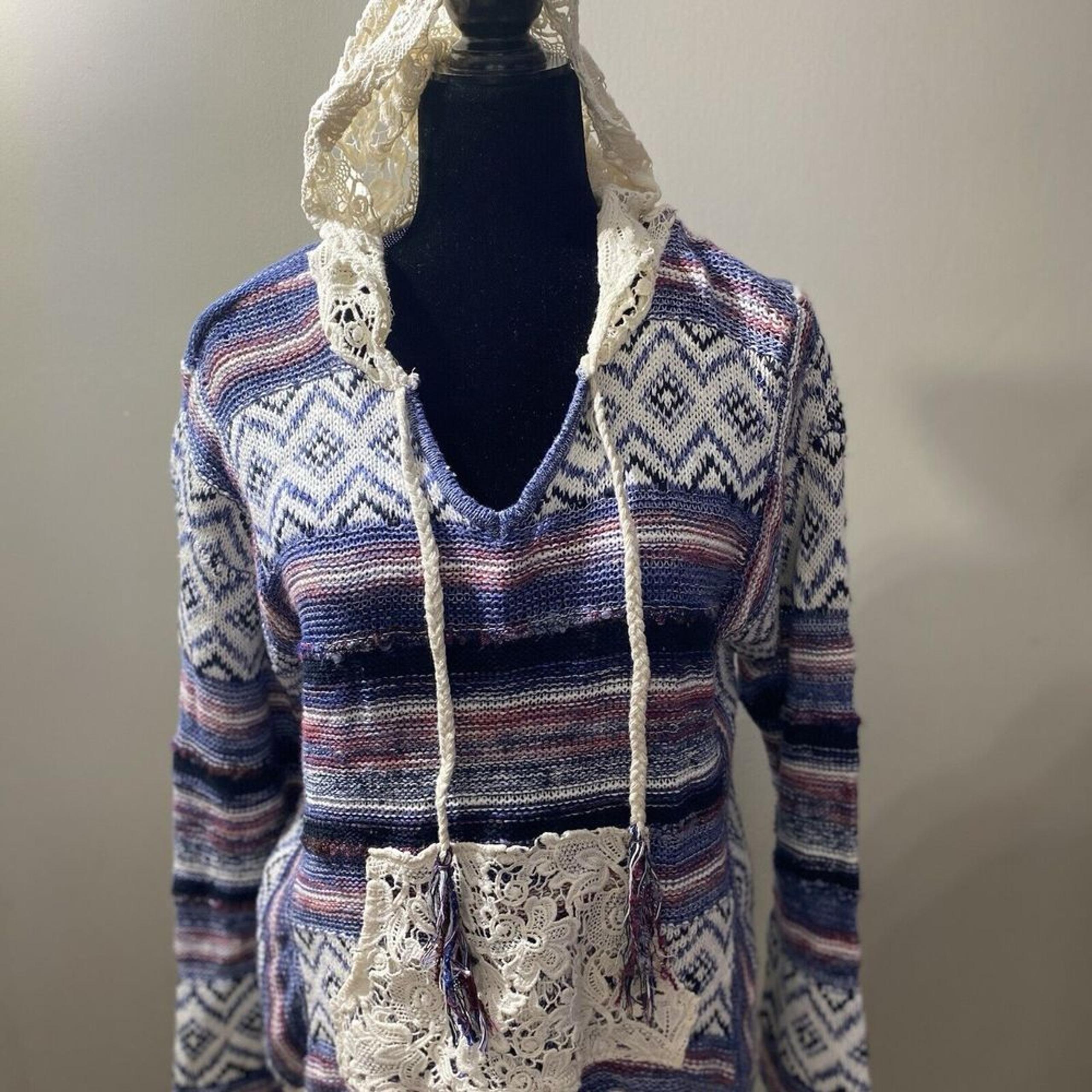 American Rag Womens Boho Crochet Lace Accent Hooded Sweater Sz Med MultiColor