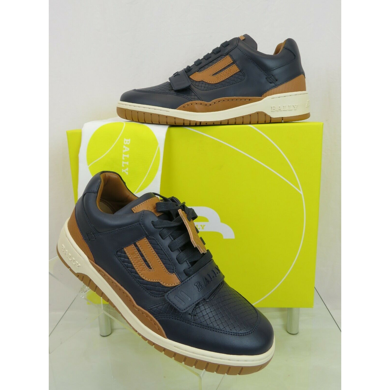 NIB BALLY KARL INK BLUE EMBOSSED LEATHER LOGO LOW TOP SNEAKERS 8 D EU 41