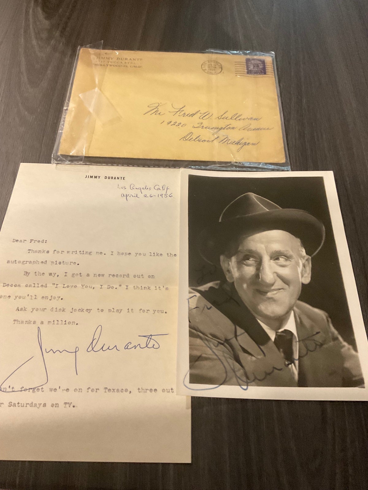 JIMMY DURANTE hand signed ✍️ PHOTO ~ LETTER and ENVELOPE addressed to collector