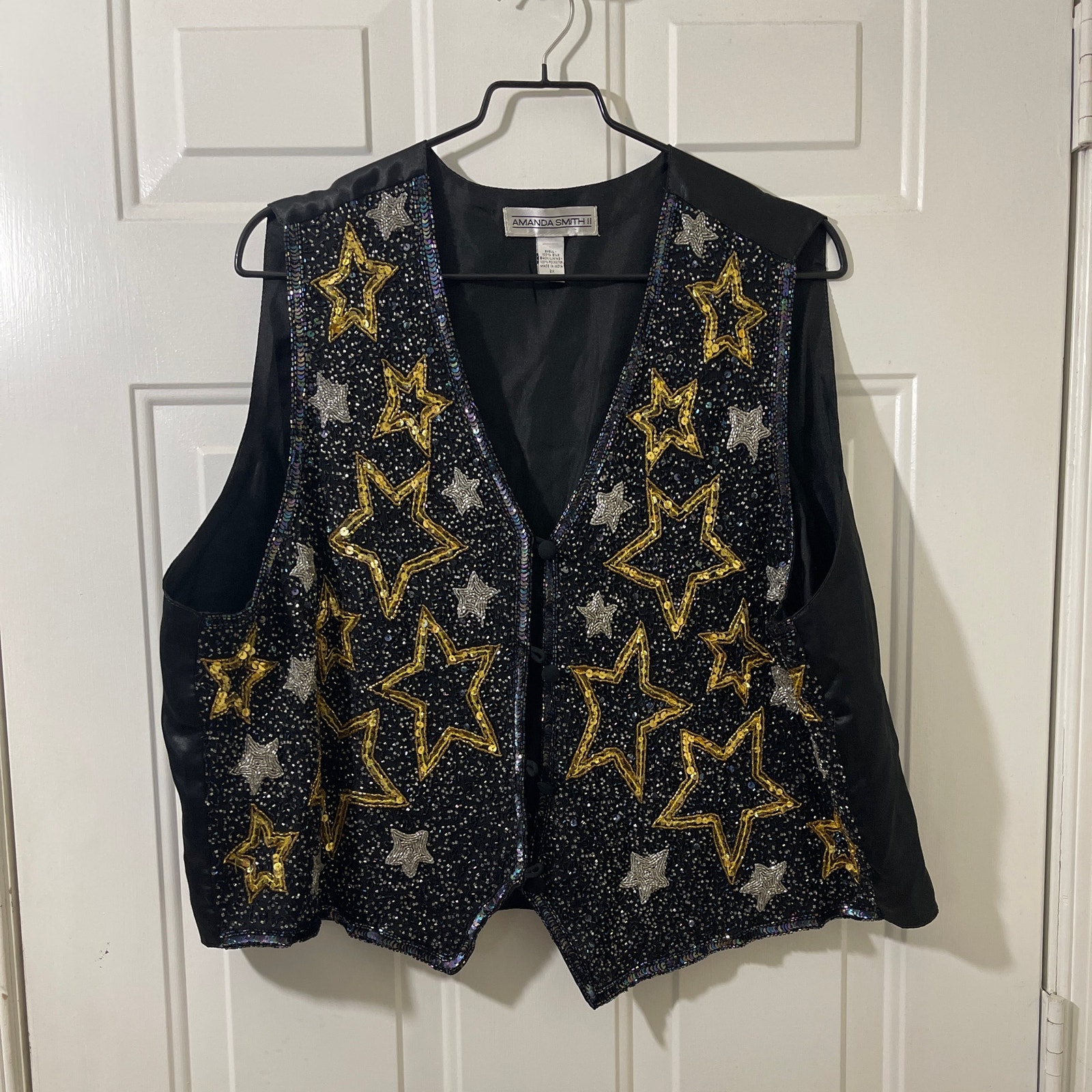 1980s Sequined PURE SILK Vest.Beaded stars.