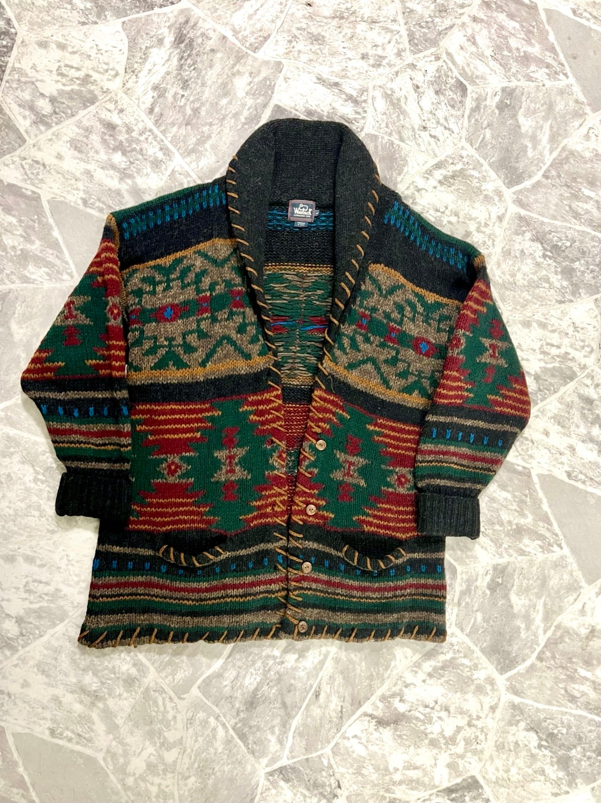 Vintage Woolrich Aztec Shawl Collar Cardigan Sweater Womens Size Large.