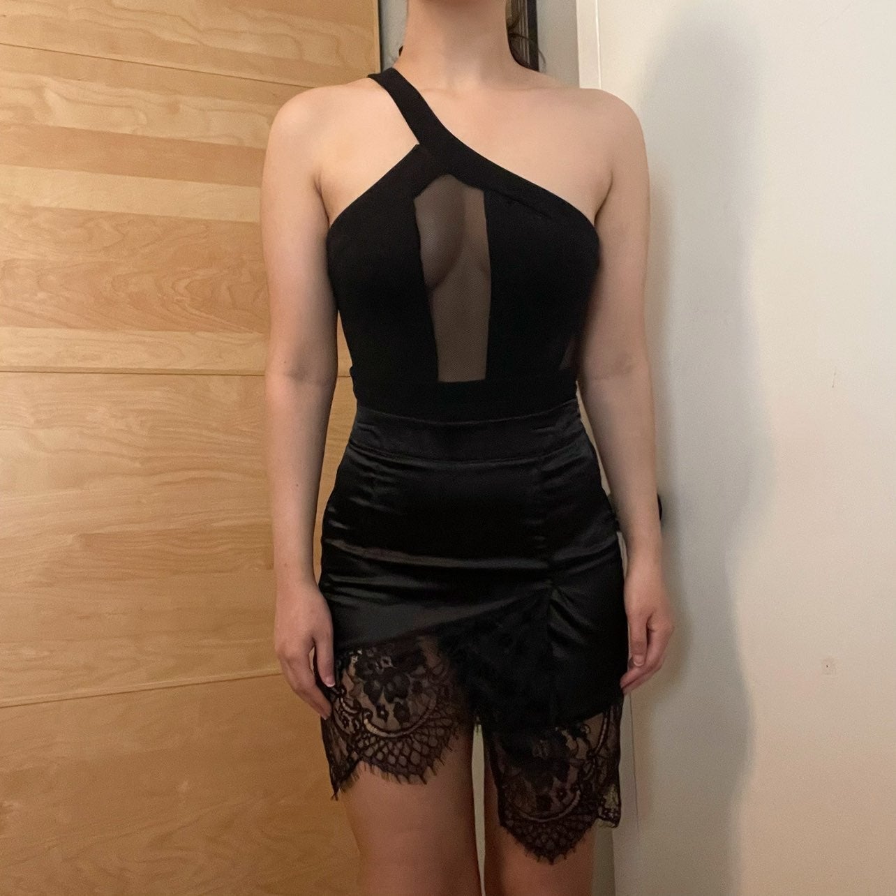 black satin eyelash lace crossover wrap high waisted asymmetric mini skirt
