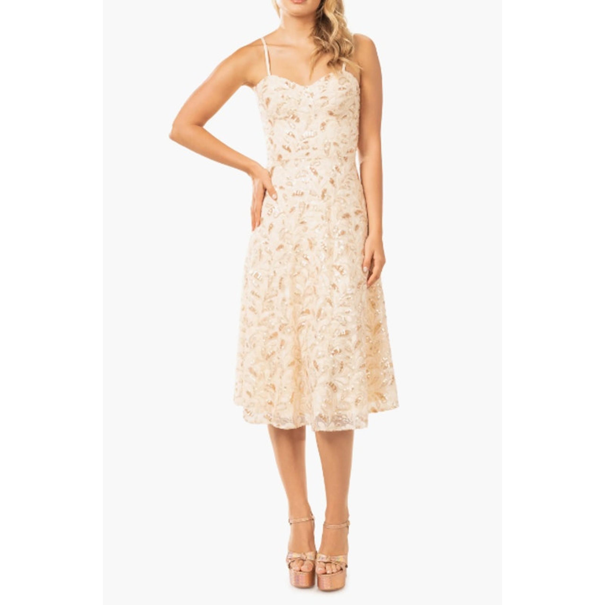 DRESS THE POPULATION Carlita Dress Small Cream Tan Multi Embroidered Sequin Midi
