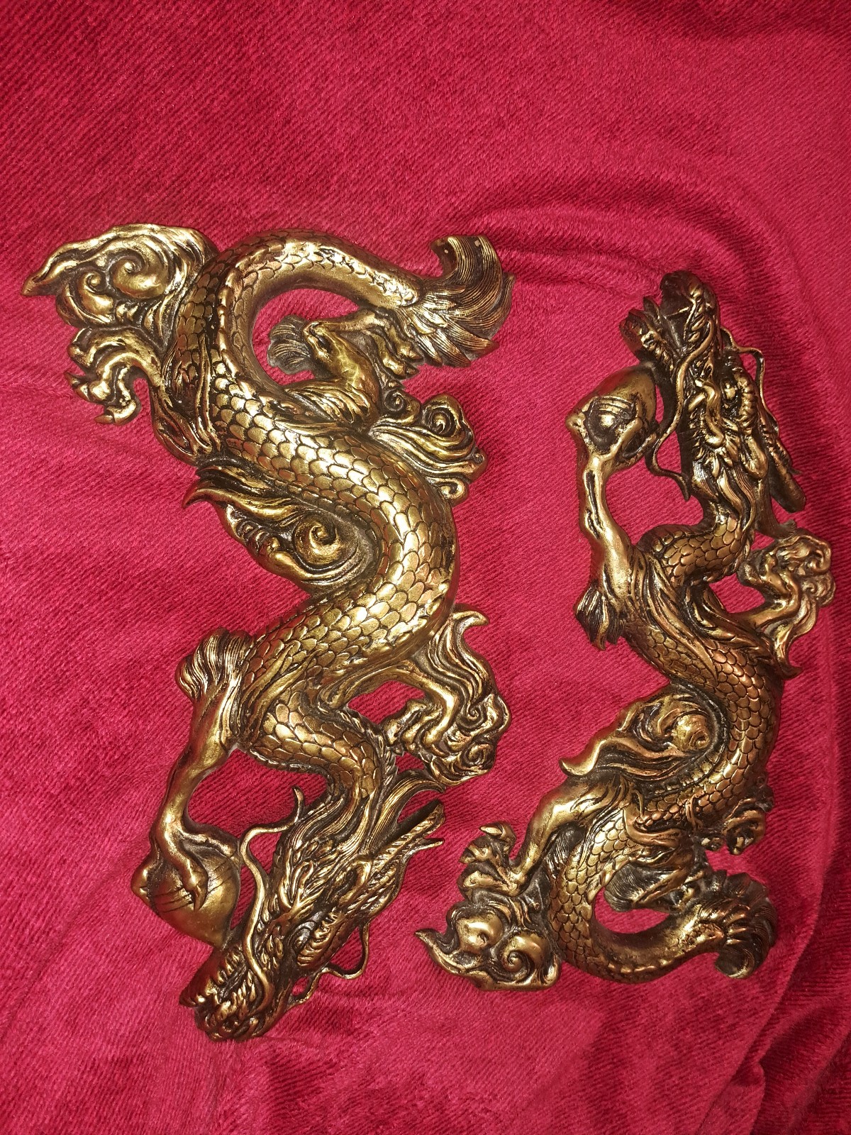 Mid Century brass dragon wall decor, Chinoiserie 2pc Set