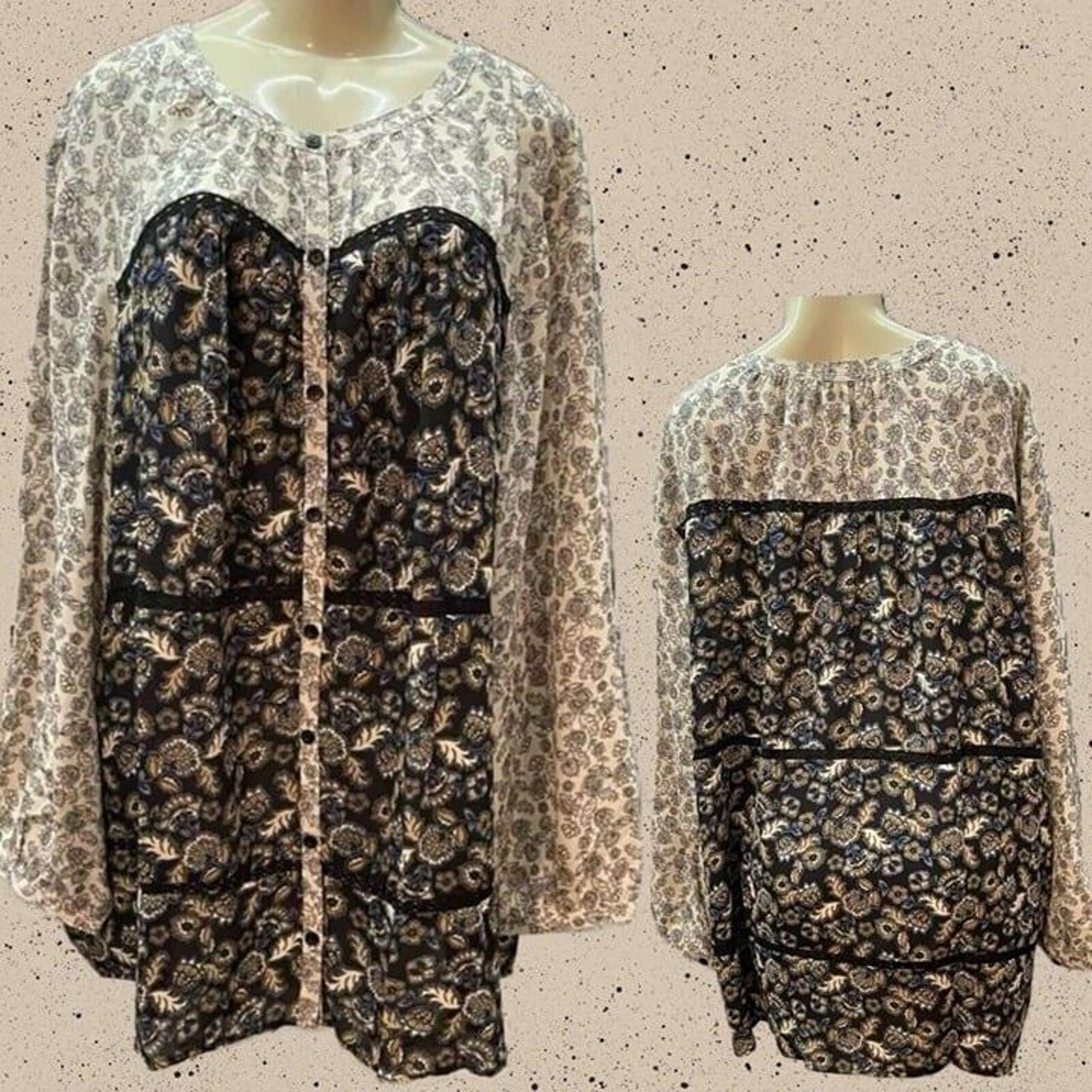 Woman Within +30/32 Gray Floral Mixed Print Button Lace Trim Long Sleeve Blouse