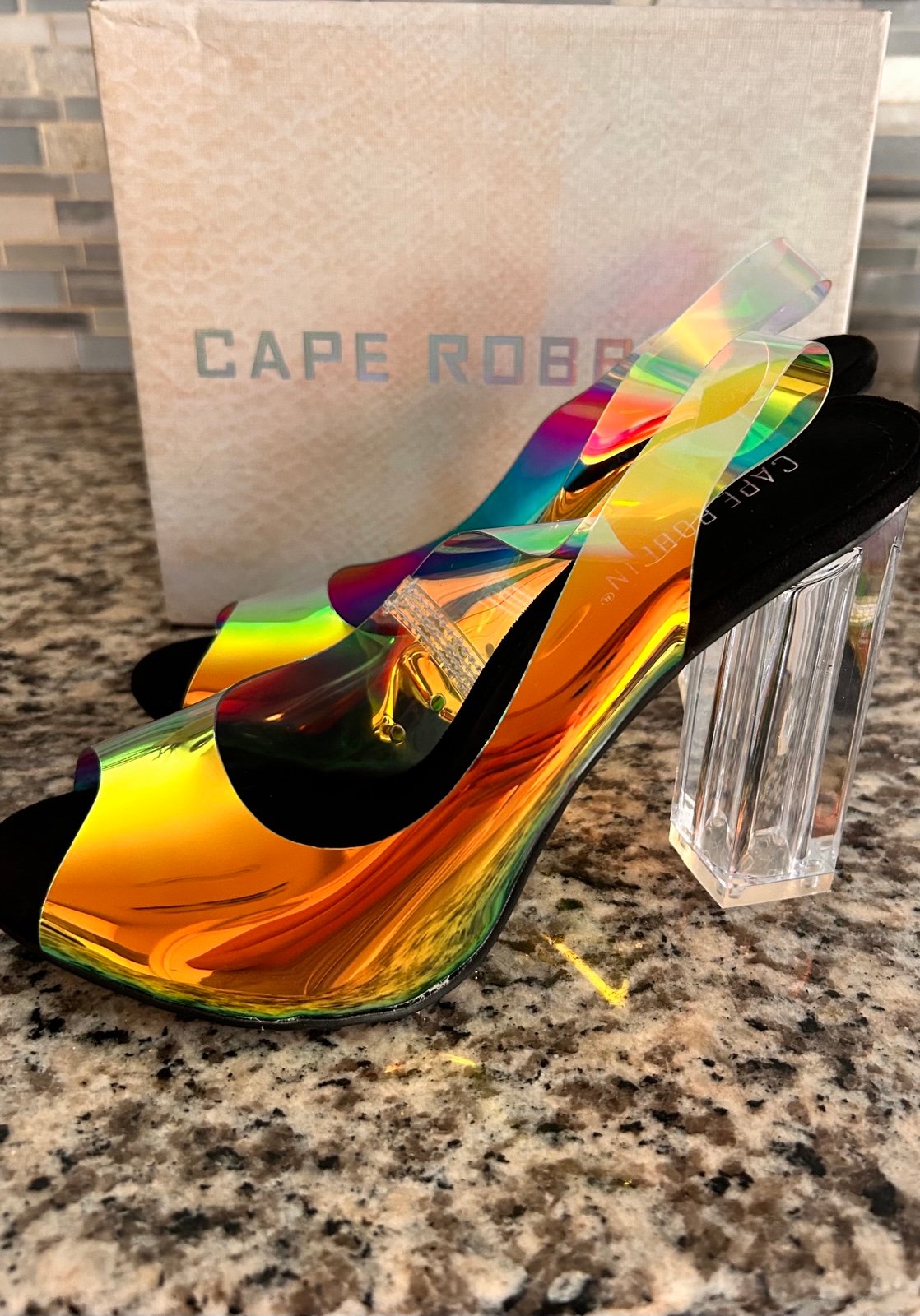 Cape Robbin Holographic Heels with Clear Block Heel – Size 8