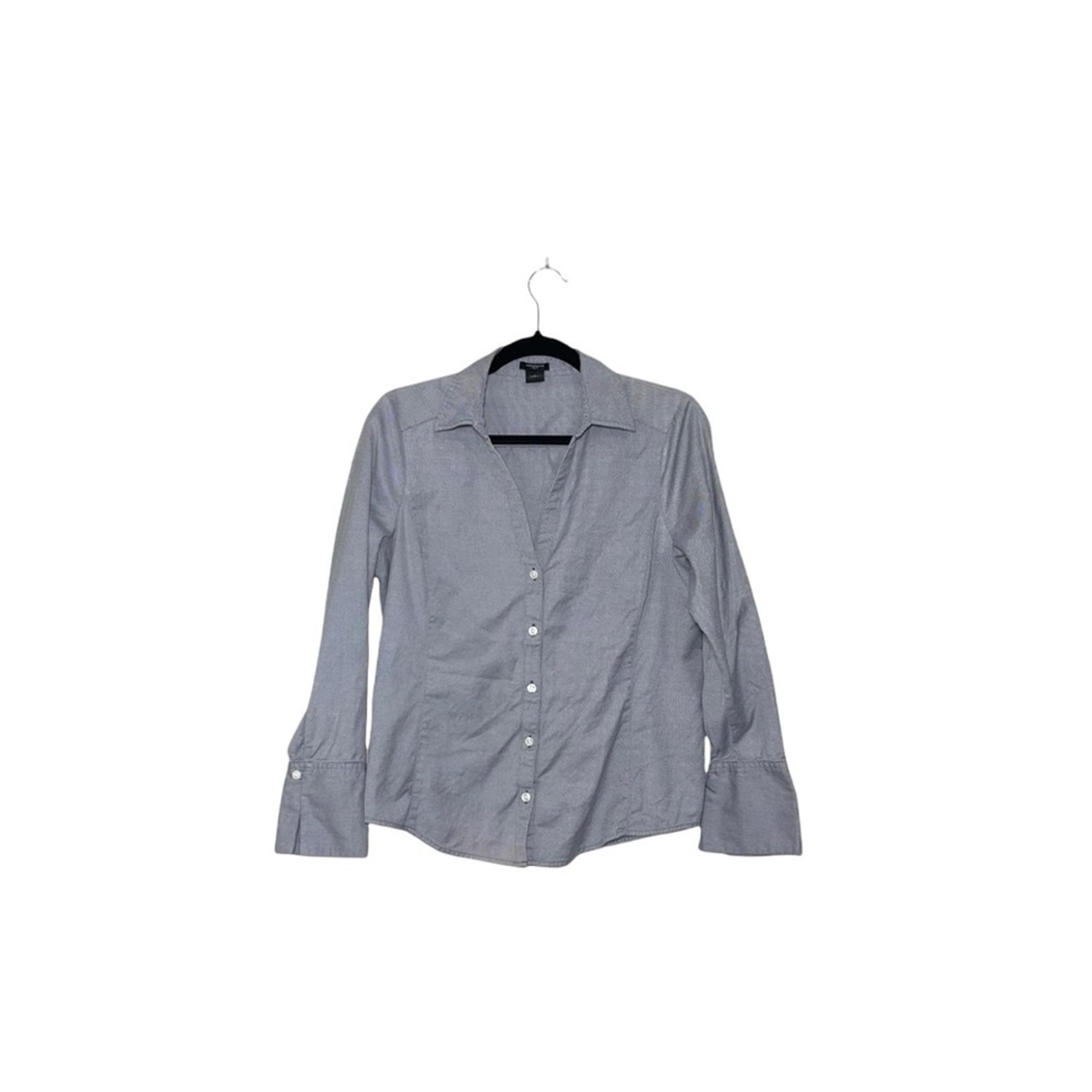 Ann Taylor Factory Gray & White Striped Split Neck Button Down Shirt 10 Women’s