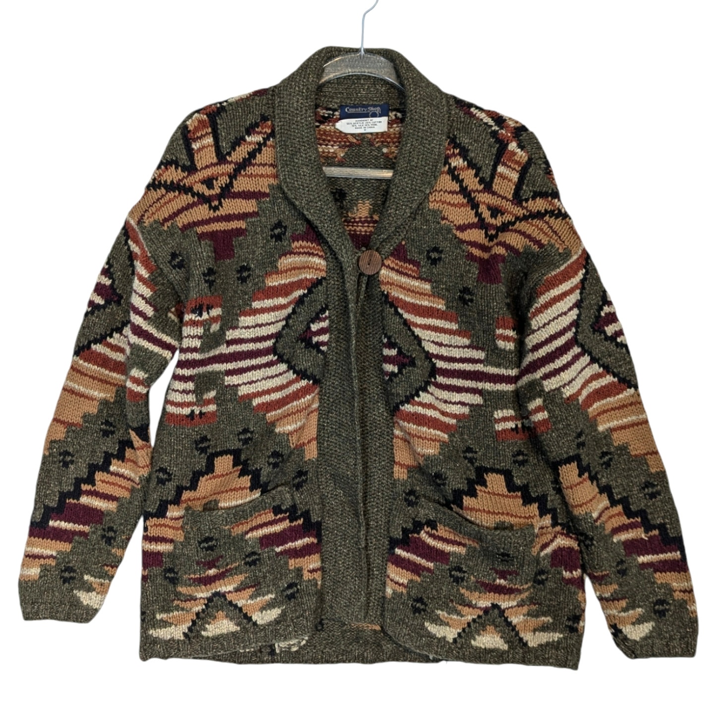 Country Shop Vintage Handknit Cardigan Southwest Print Chunky One Button M