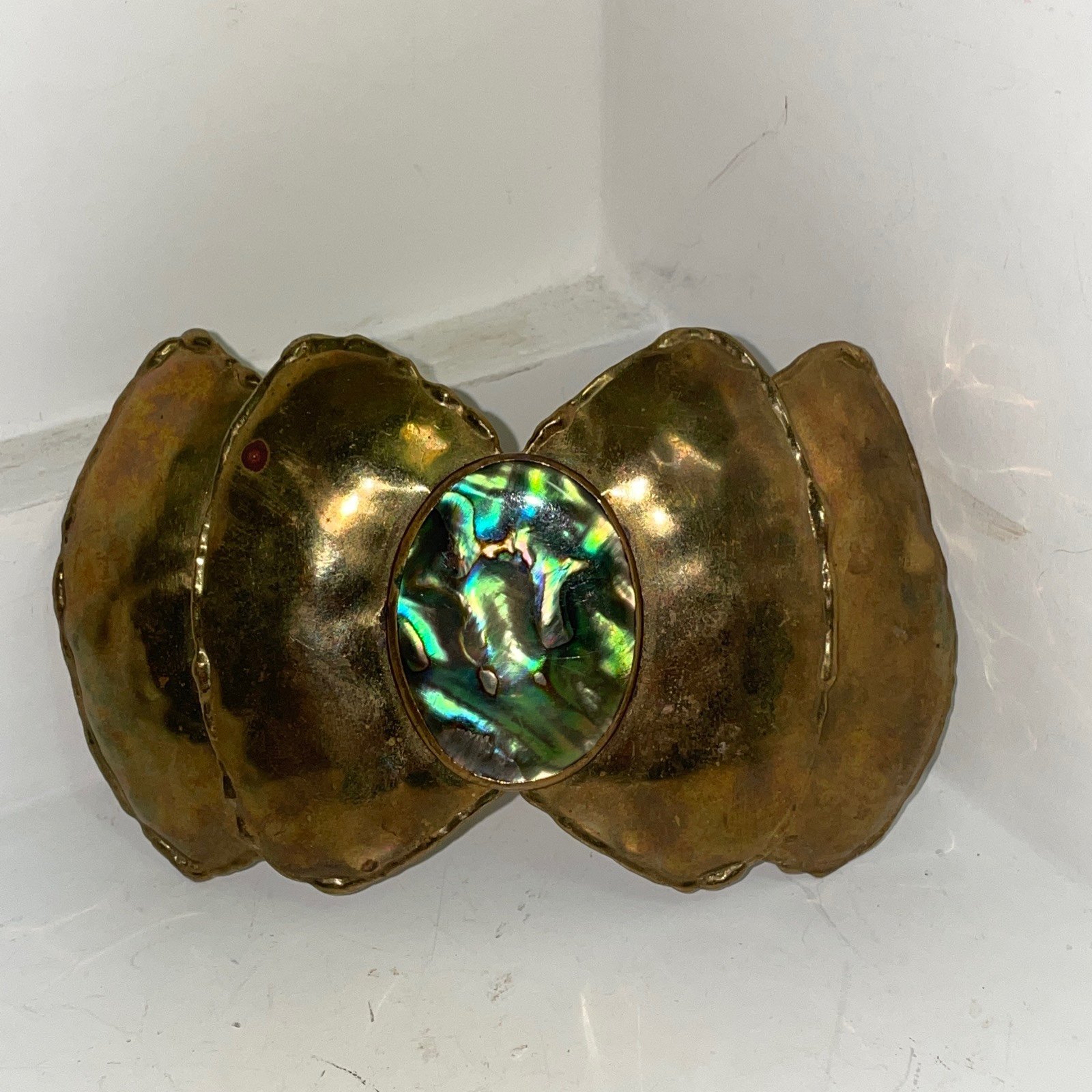 Vtg Brutalist Solid Brass Abstract Artwork Modernist 80s Belt Buckle W Abalone