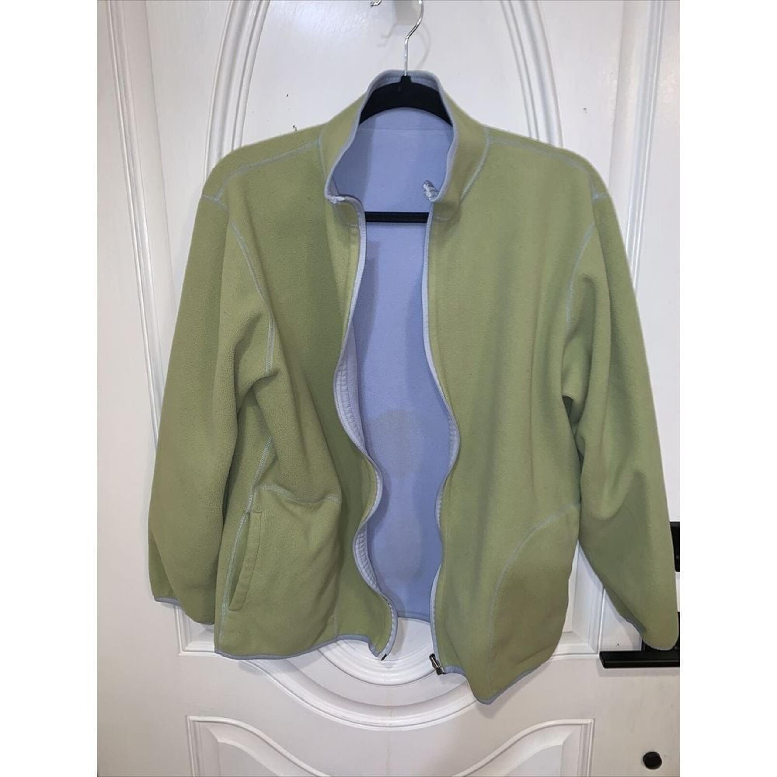 Lands' End Reversible Fleece Sports Jacket M 10-12  Full Zip Pockets Blue Green