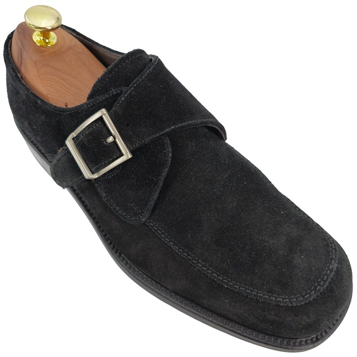 Vintage Bally Italy Monk Strap Loafers Mens 8.5D Black Suede Buckle Dress Shoes