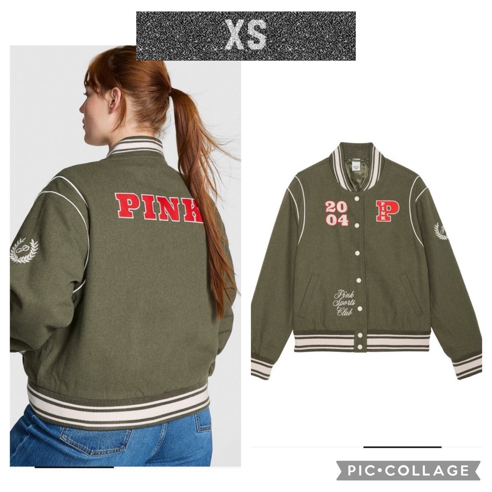 PINK varsity jacket sz XS oversized lined casual new olive