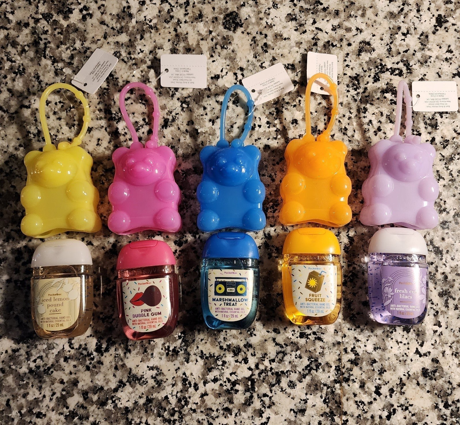 Bath and body set of 5 gummy bear pocketbac holders with sanitizers