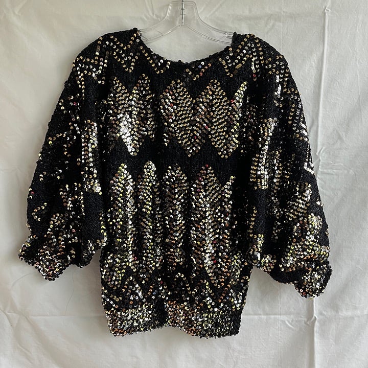 Vintage 80's disco night out bat wing sequined top, black and gold, Size S