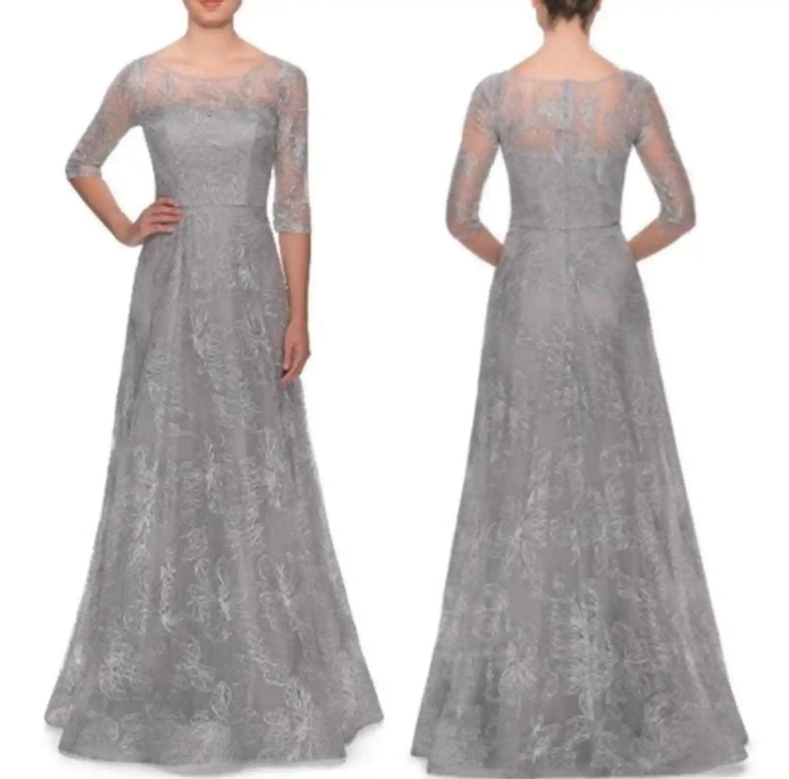 LA FEMME Women’s A-Line Lace Sequin Gown With Sheer Scoop Neckline In Grey Sz 12