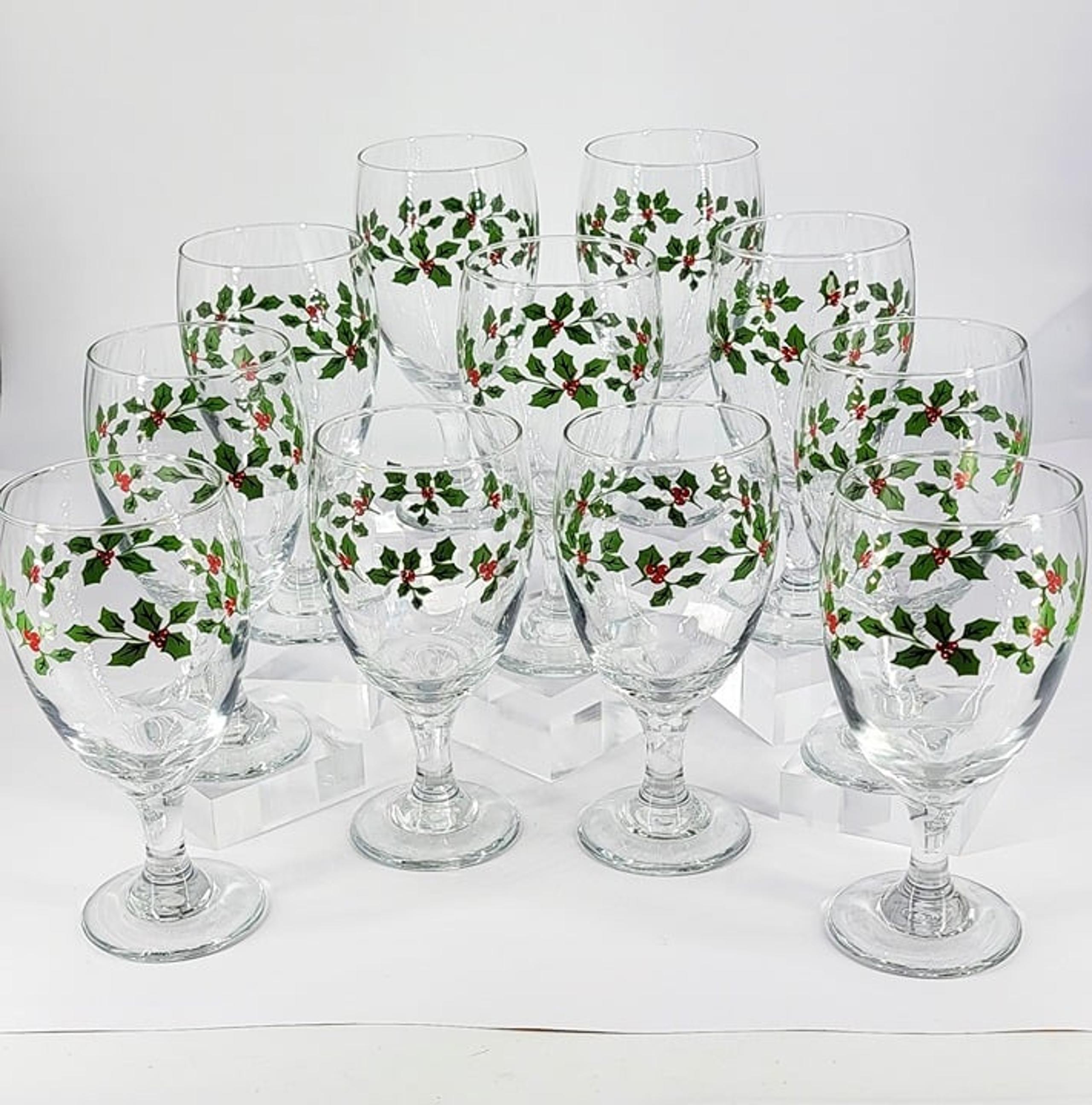 1980s Set of 11 Libbey "Holiday Holly" Iced Tea/Water Goblets 7" Tall Excellent