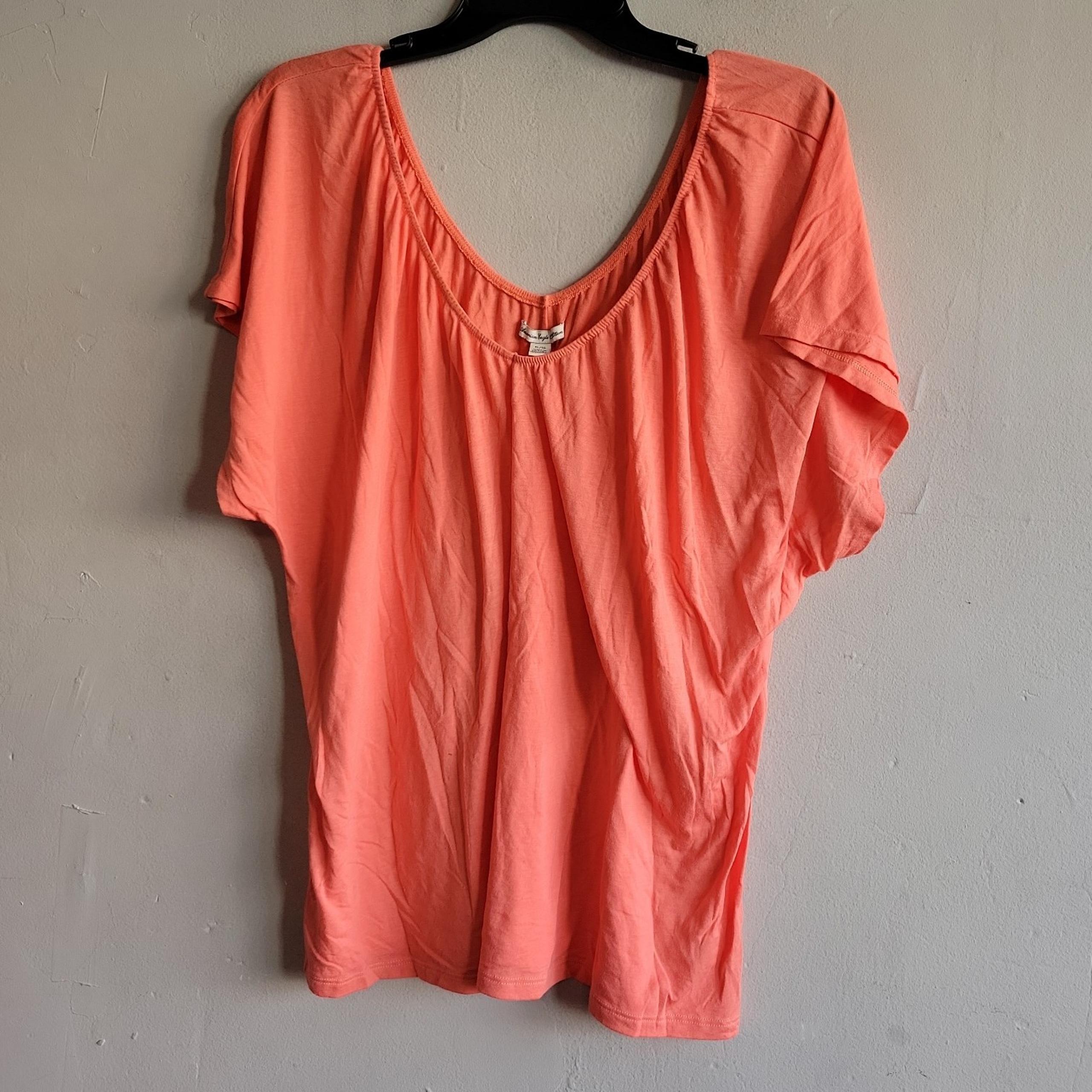 Womens XL American Eagle blouse top coral elastic trim drop shoulder wide v-neck