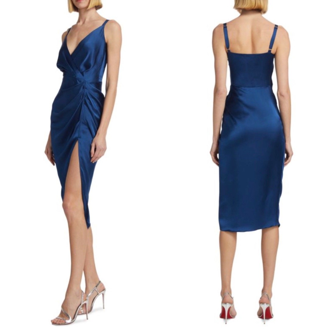 NWOT Amanda Uprichard Carmel Silk Draped Cocktail Midi Dress XS/Small Royal Blue