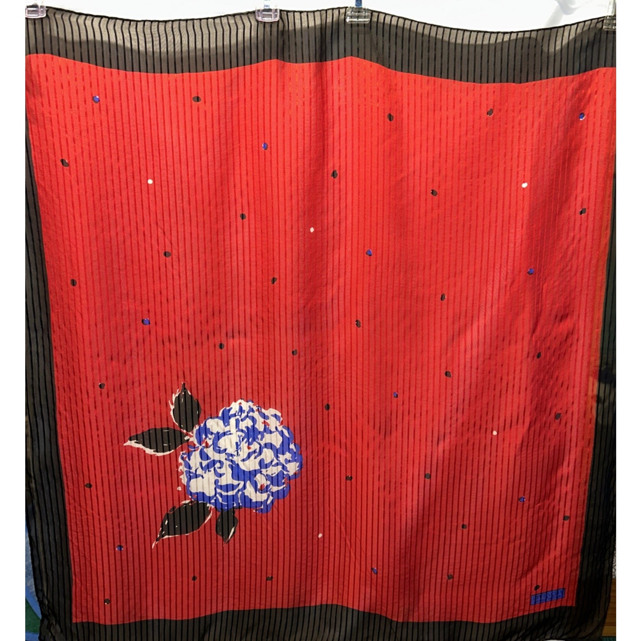 Vintage GIVENCHY Silk Scarf Red and Hydrangea Floral Print 34” x 34” Hand Rolled