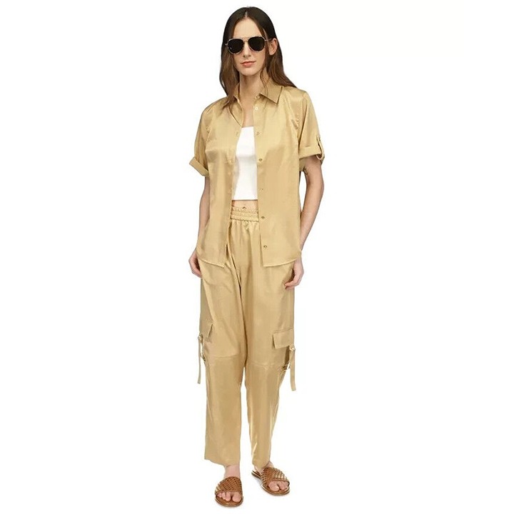 Michael Kors Satin Utility Cargo Pants Womens L Khaki Pull On Ankle High Rise