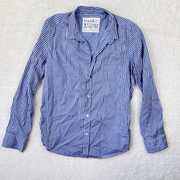 Frank & Eileen Barry Tailored Button Up Shirt Long Sleeve Blue Navy Stripe Large