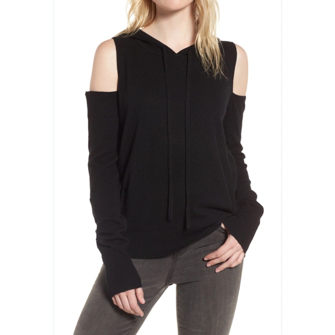 Pam & Gela Distressed Cold Shoulder Hoodie Black Medium