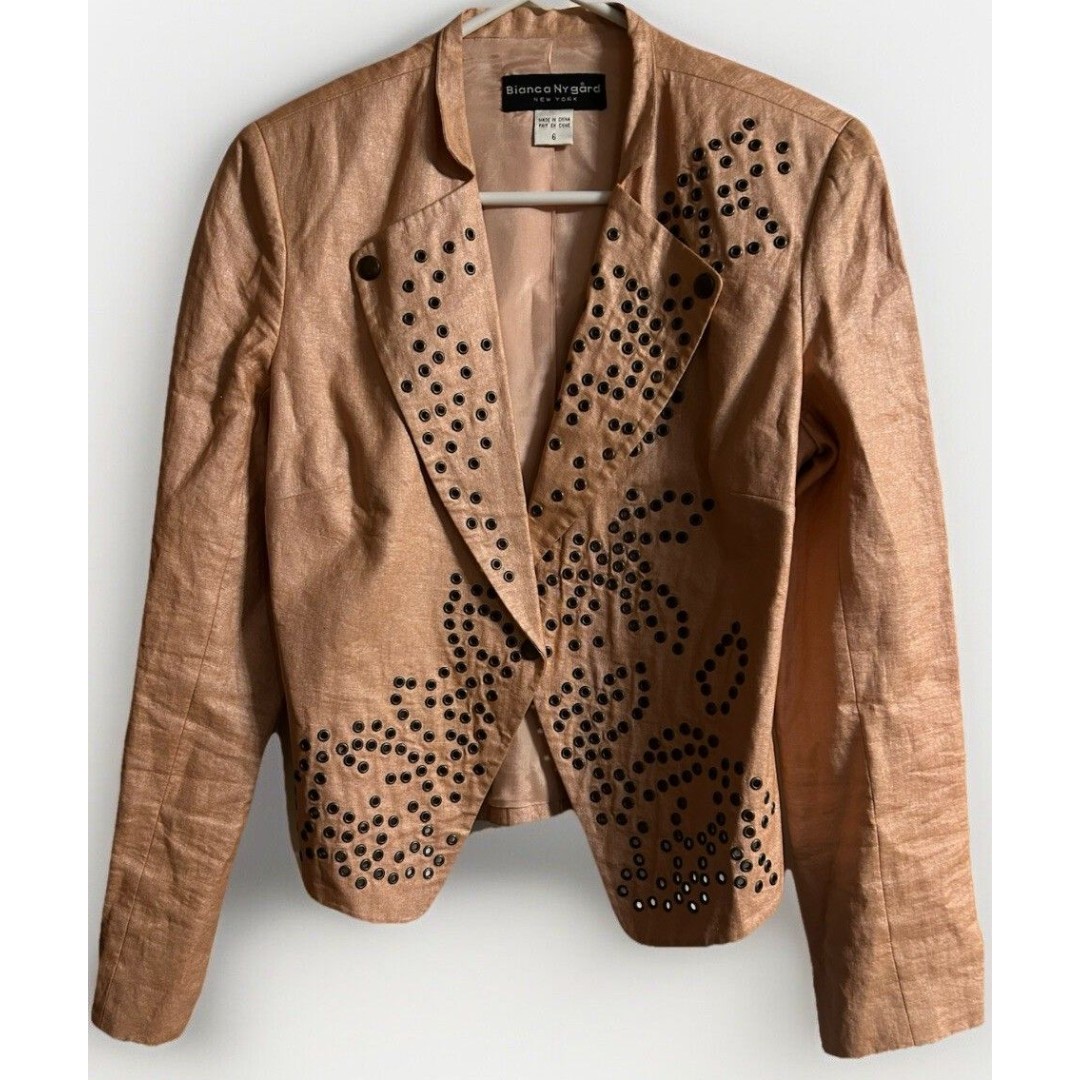 Bianca Nygard Rose Pink 100% Linen Lined Jacket Studded Snap Front Size 6