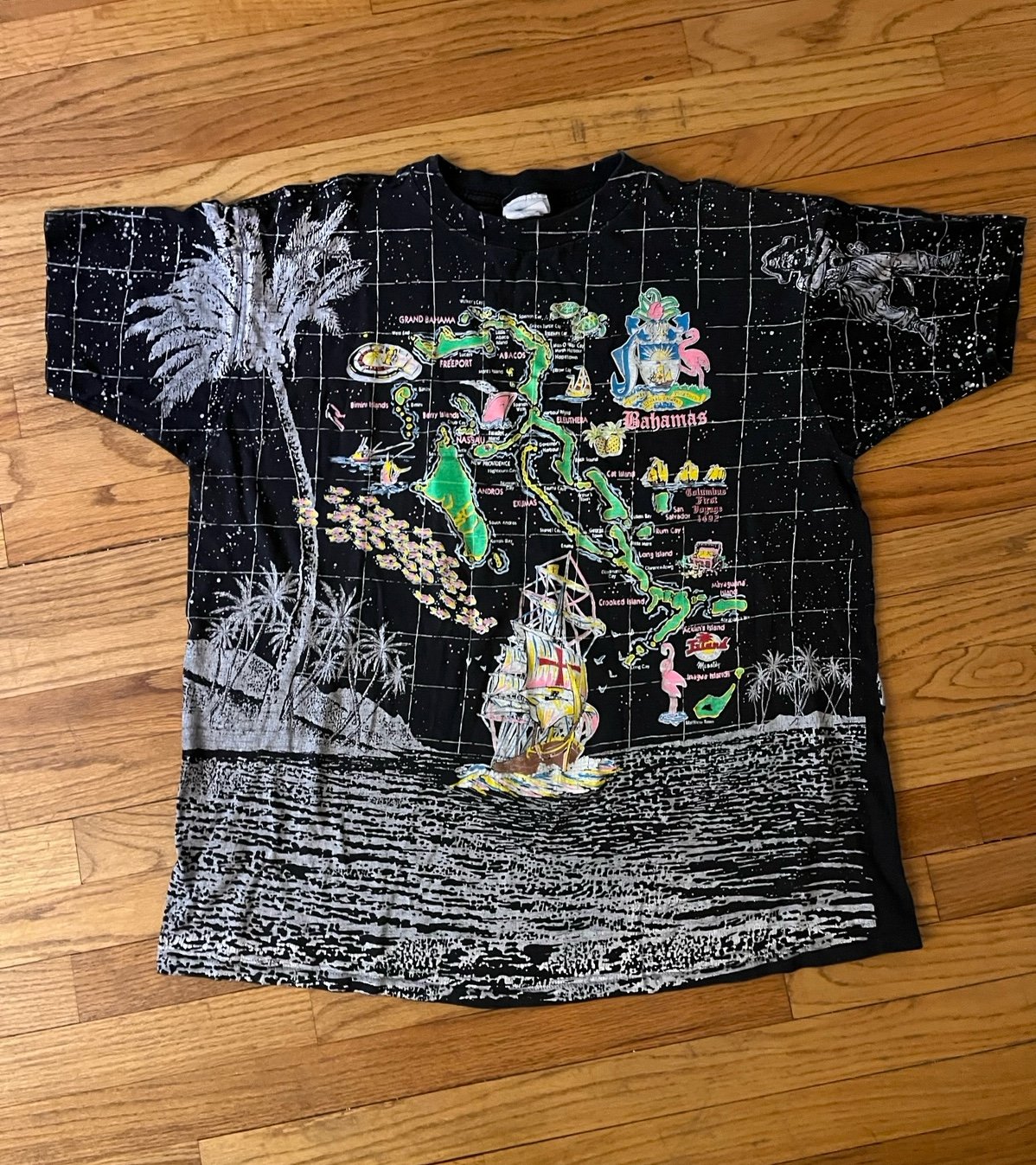 Vintage Bahamas Shirt Size XL 80s Black All Over Print Map Island AOPISLAND BOYZ