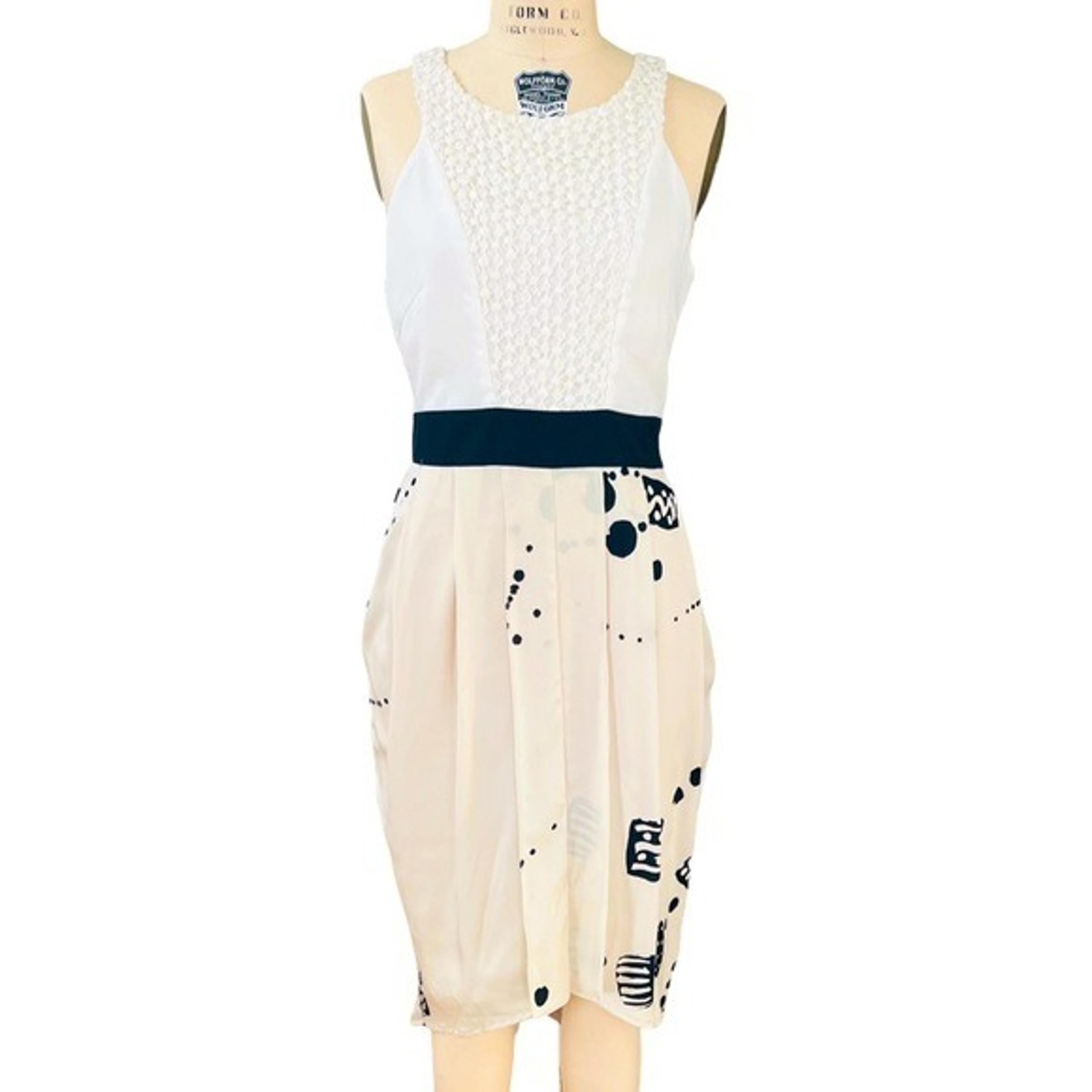 TWINKLE by WENLAN Vintage Sleeveless Pleated Silk Mid Dress in Cream Geo Print 6