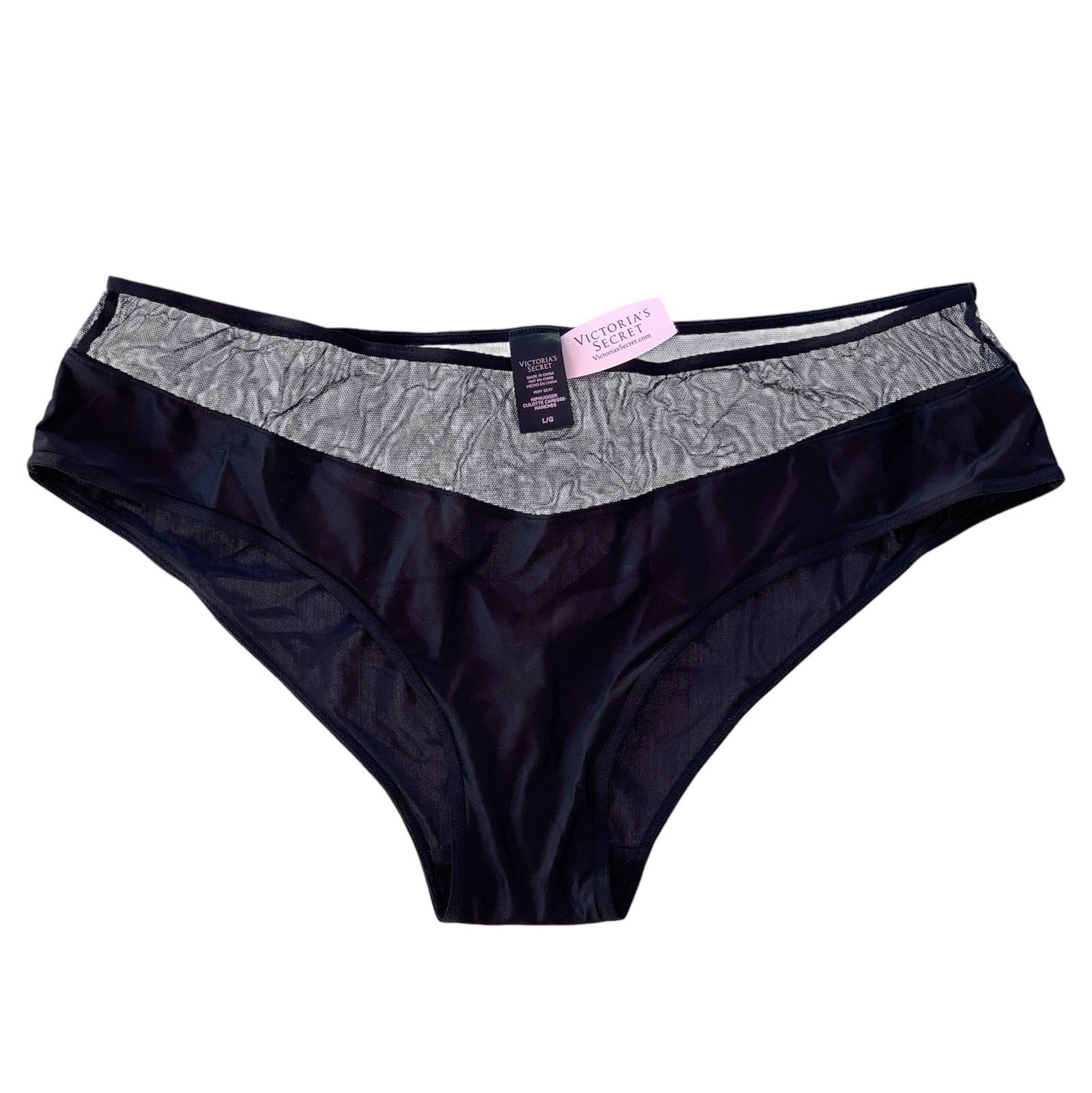 Victoria’s Secret Very Sexy Black Satin and Mesh Hip Hugger Panty ~ Size Large