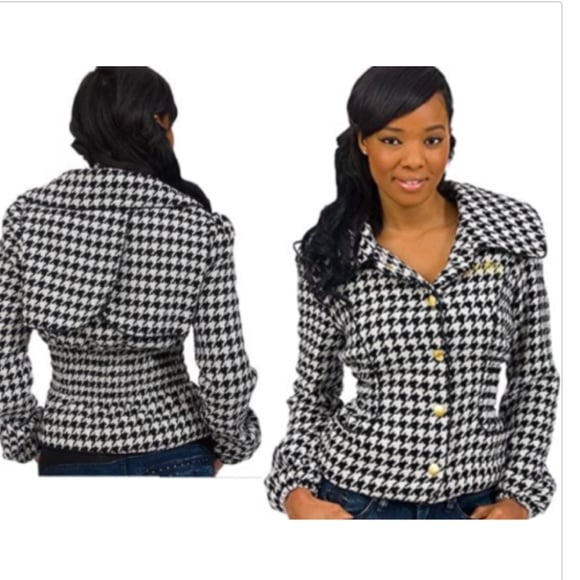 NEW Dereon Beyonce Y2K PEPLUM Houndstooth Black Snap Wool Jacket Coat M