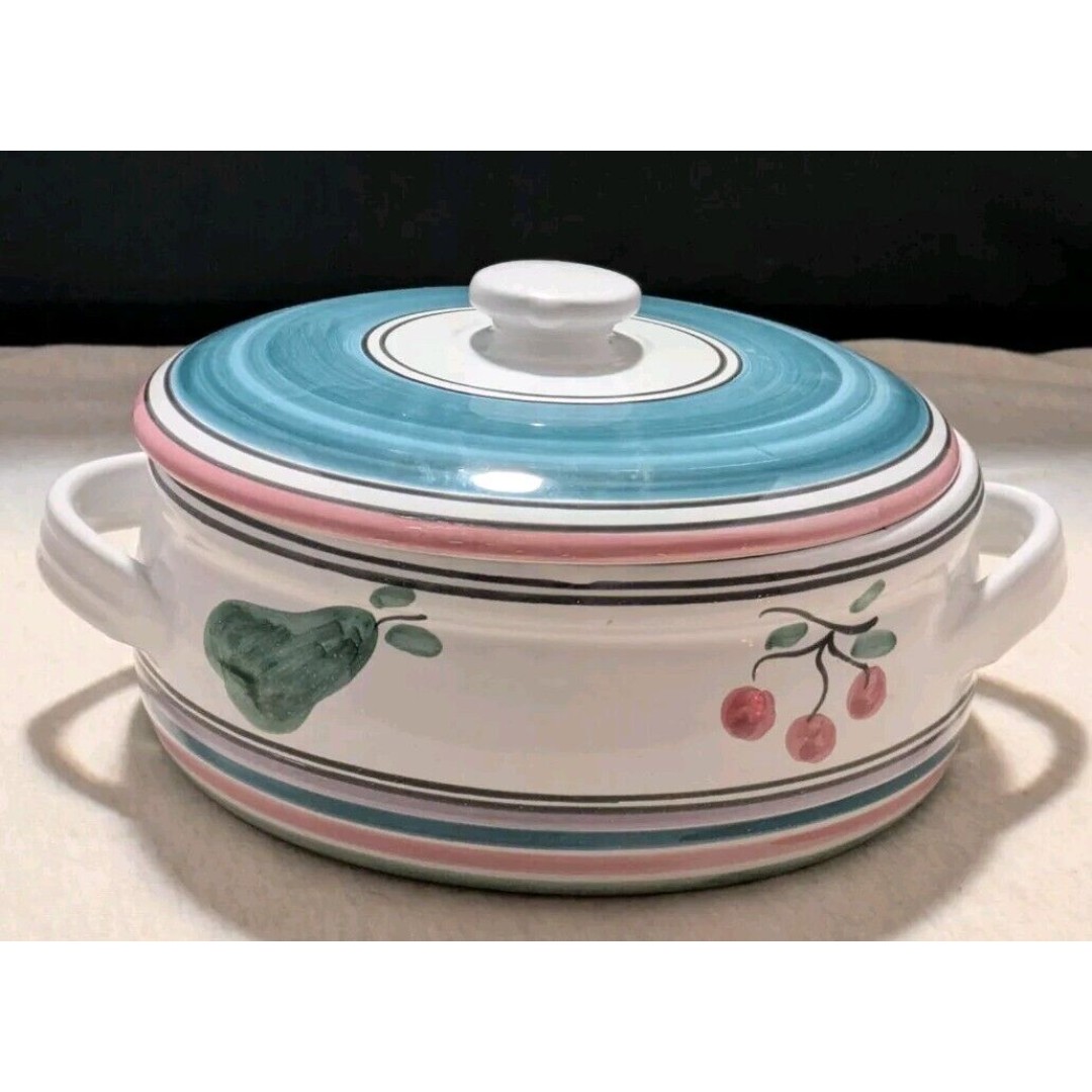 Caleca Hand Painted 1.5QT Covered Casserole Baking Dish With Bands and Fruit
