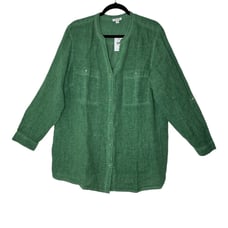 J.JILL Top Women XL Green Love Linen 100% Linen Blouse Long Sleeve Boho New