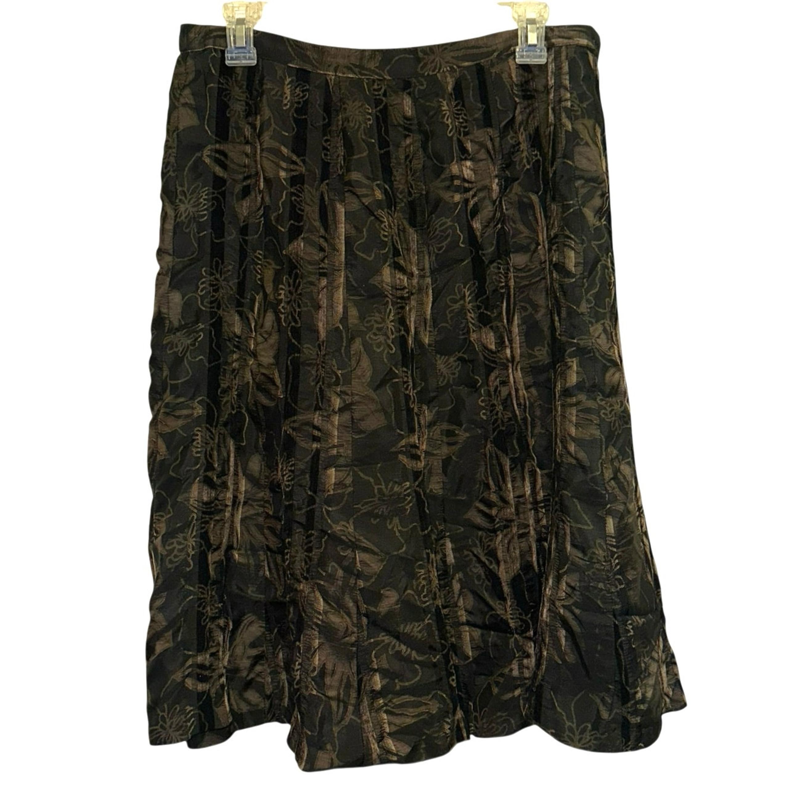 Coldwater Creek Petite Skirt Brown Floral Crinkle Midi A-Line Stretch Waist PM