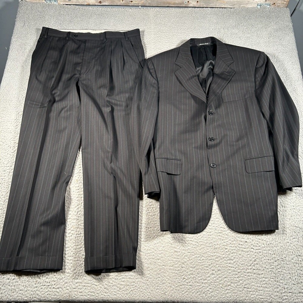 Canali Suit Men 50 Black Stripe 100% Wool Pants 34x26 Single Breasted