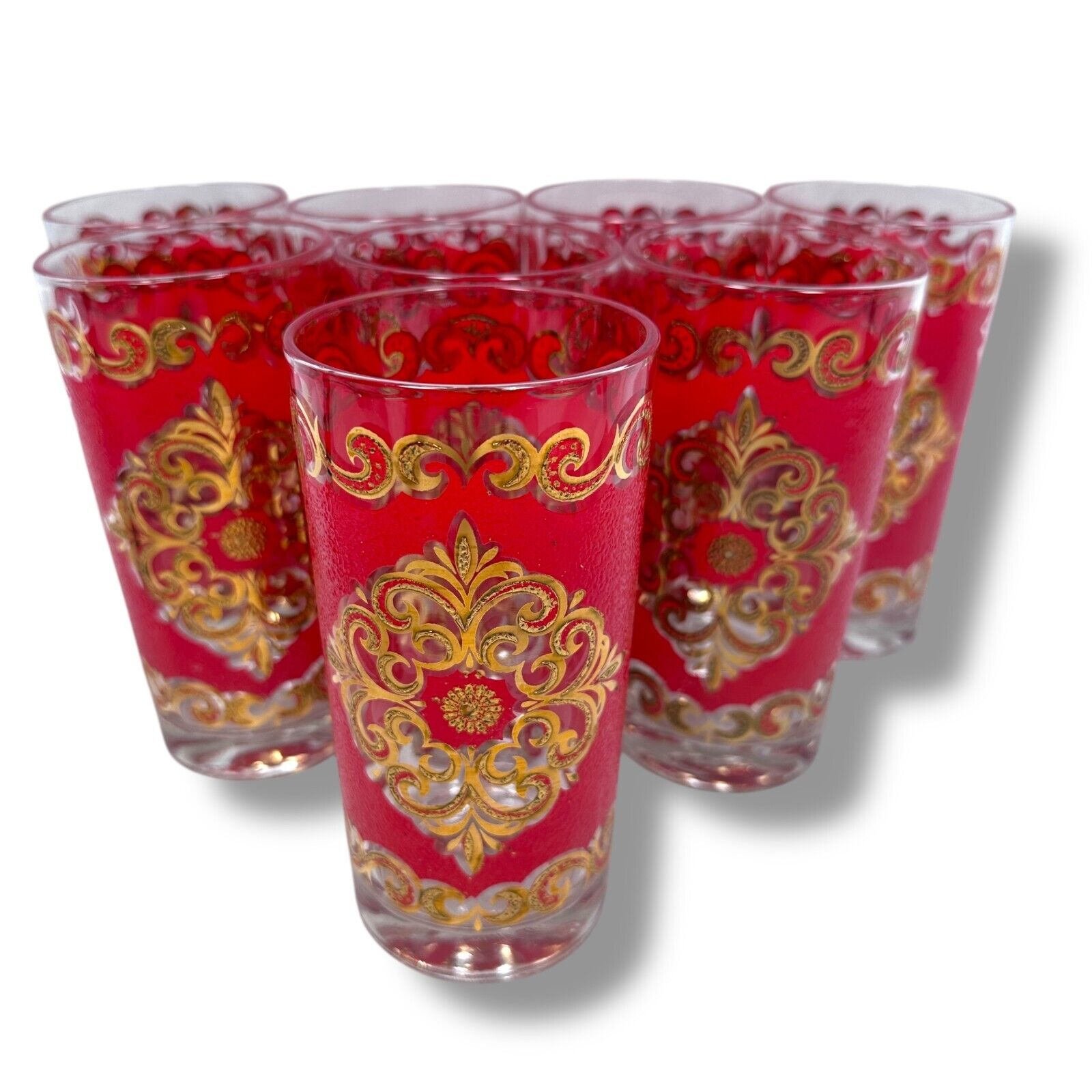Vintage MCM Culver Starlyte Red Tumbler Glasses 5.5 Round Filigree Lot of 8