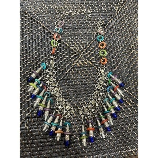 Vintage FolkArt Exotic Beaded Metal Pendant Necklace Costume Jewelry