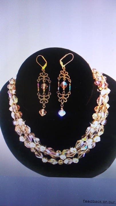 Pre-Loved! Aurora Borealis AB Crystal Glass 3 Strand Bead Necklace and Earrings!