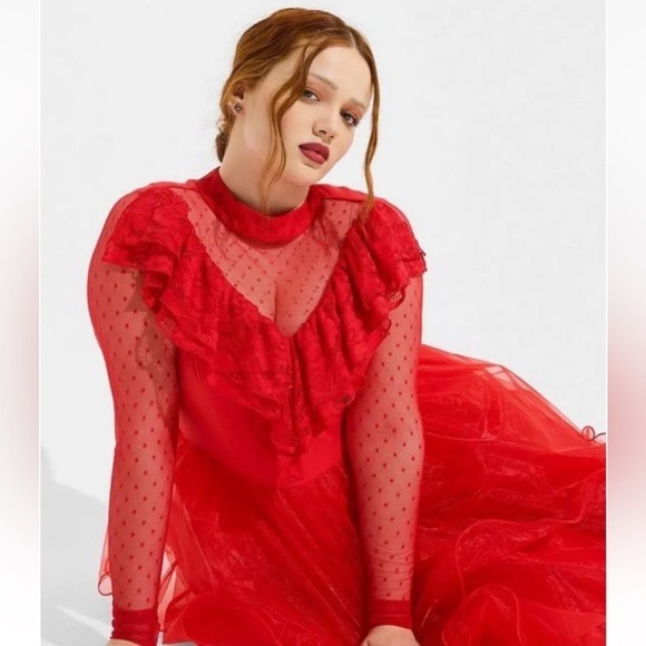 Torrid BEETLEJUICE LYDIA MIDI STRETCH CHALLIS MESH TIERED RED DRESS Sz 1X 14-16