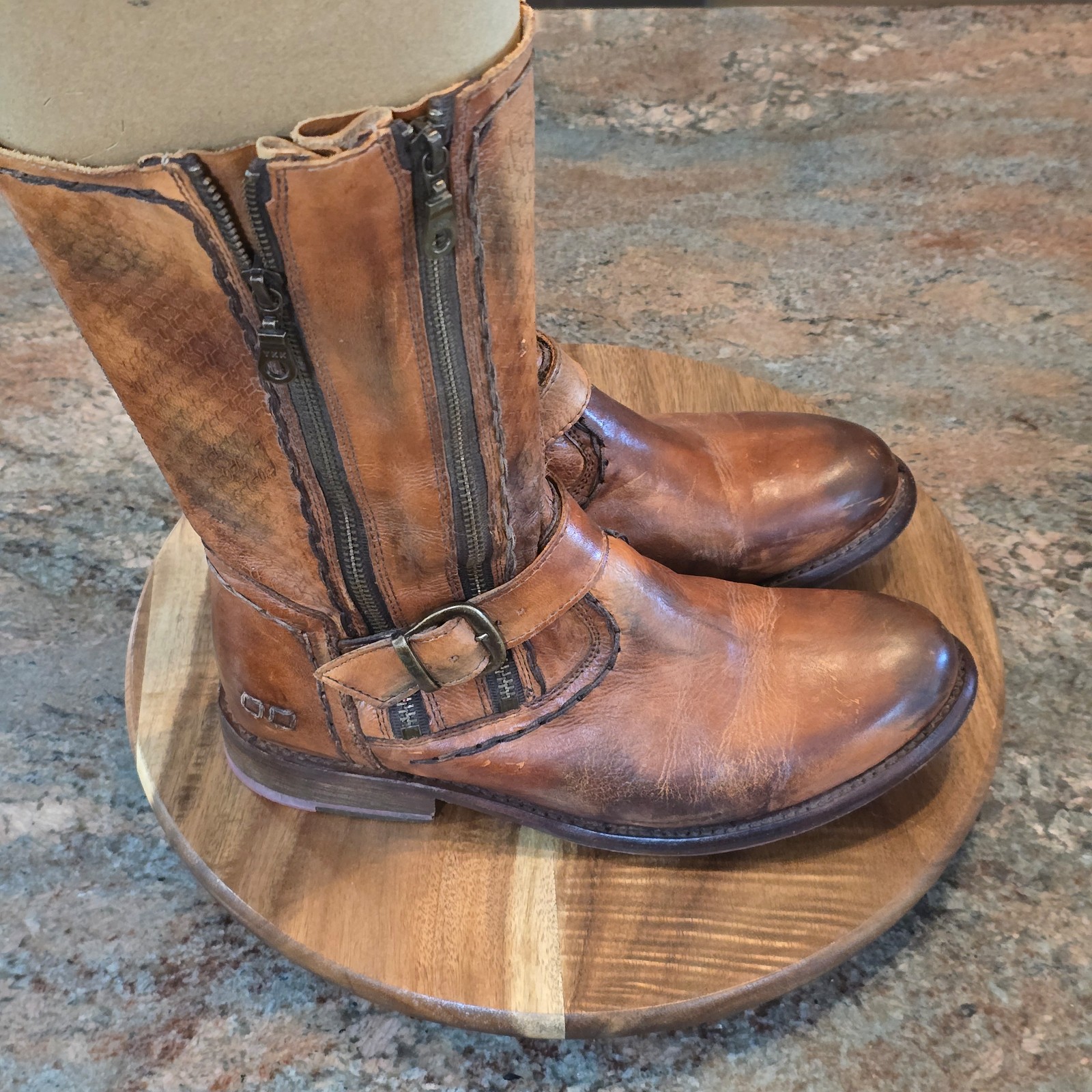 Bed Stu Tango Distressed Leather Double Side Zip Buckle Boots, women's size 9.5