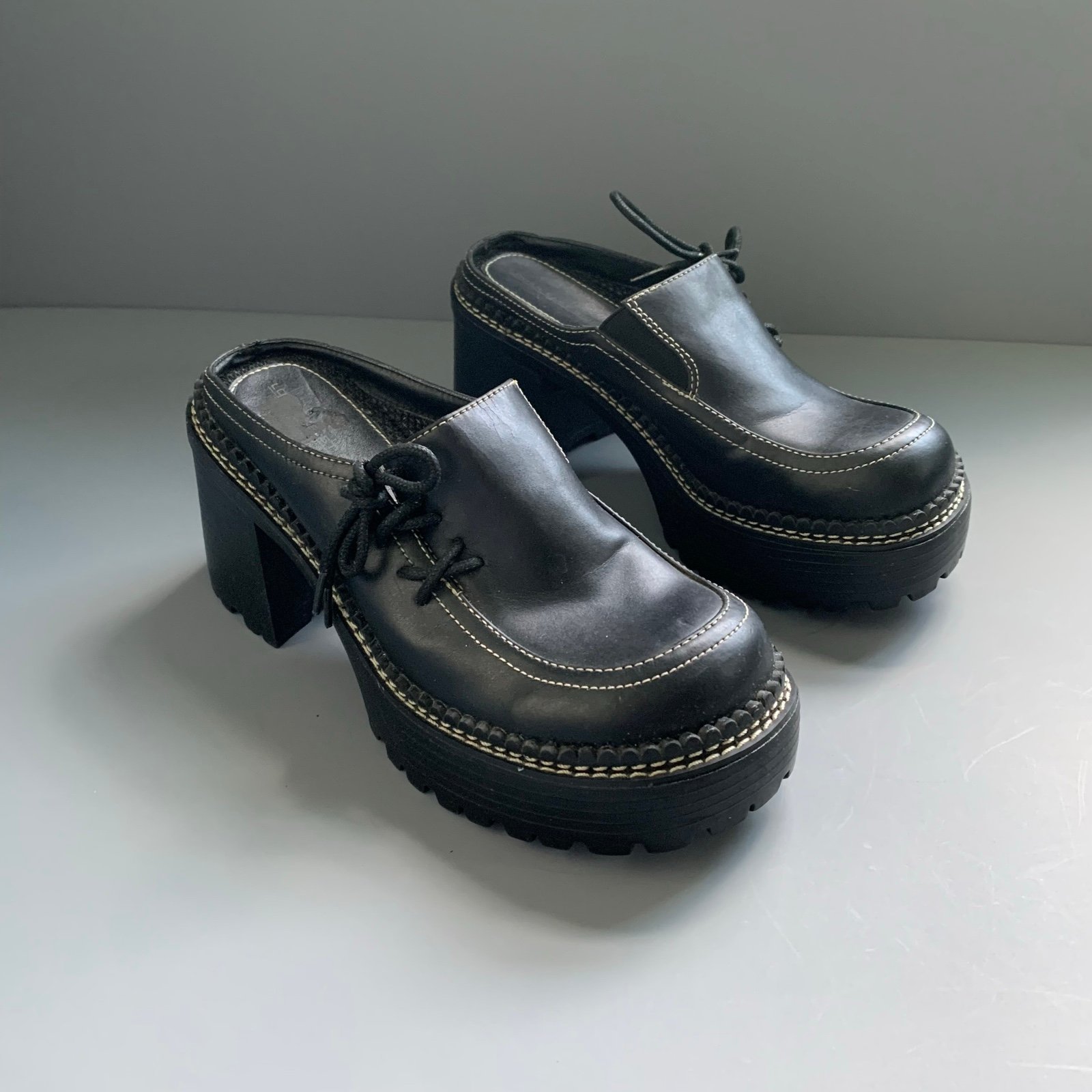 Lower East Side Grunge Chunky Vintage Black Y2K Side Lace Up Clog 7 Rare Slip On