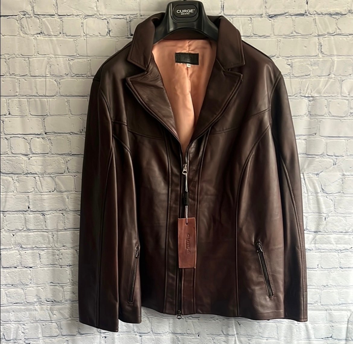 CURGÈ Womans Brown Leather Zip Up Jacket Made in Italy size 2XL or EU 58 NWT W5