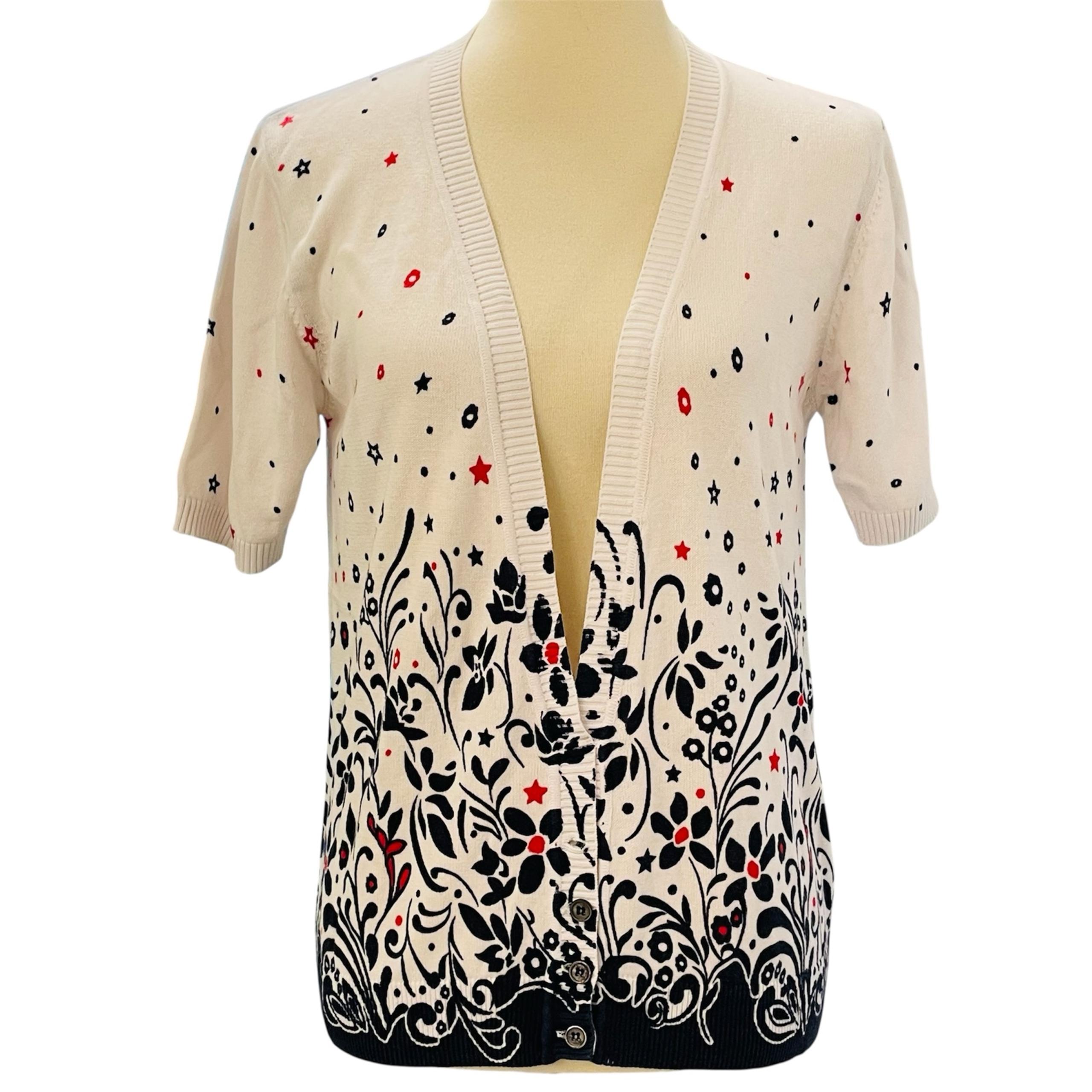Vintage Cathy Daniels Patriotic Floral SS Cardigan Sz S Red White Blue Stars