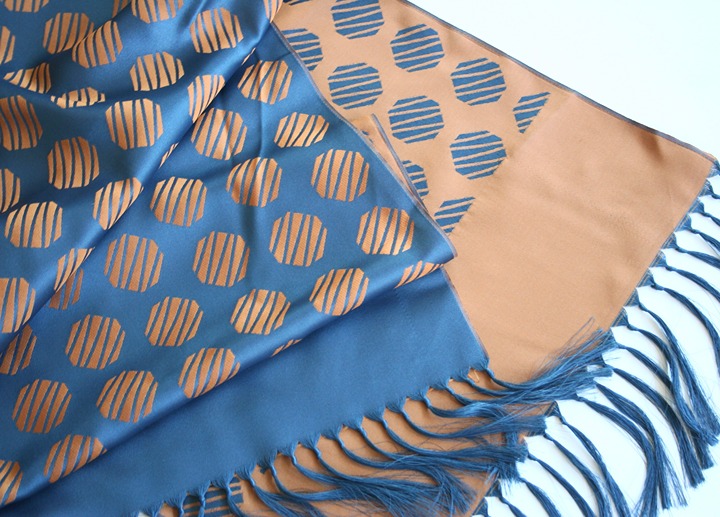 Vintage reversible polka dot scarf oblong blue ochre mens unisex fringed Japan