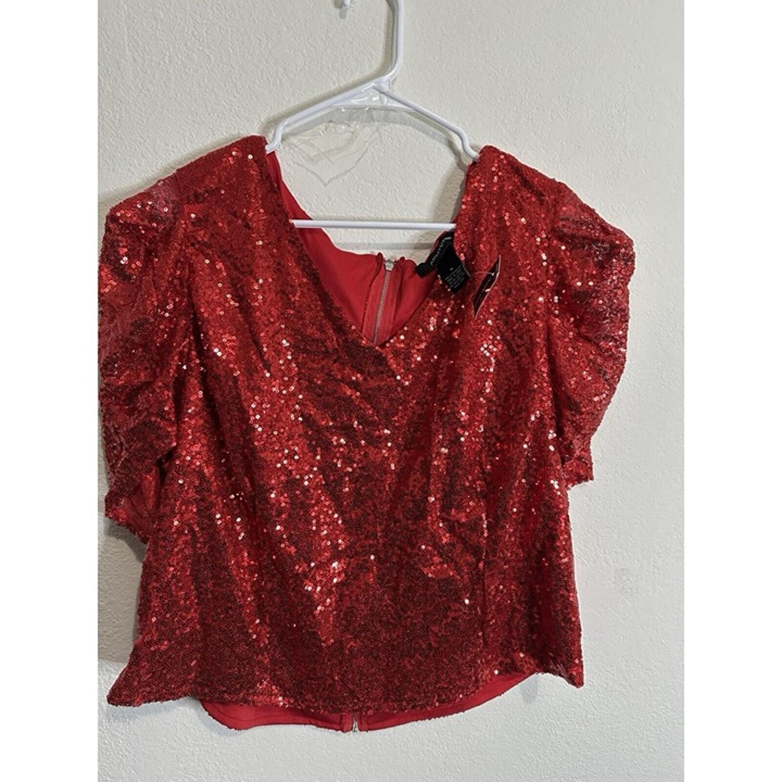 Ashley Stewart Red Sequin Puffer Women’s Blouse Shirt Size 16
