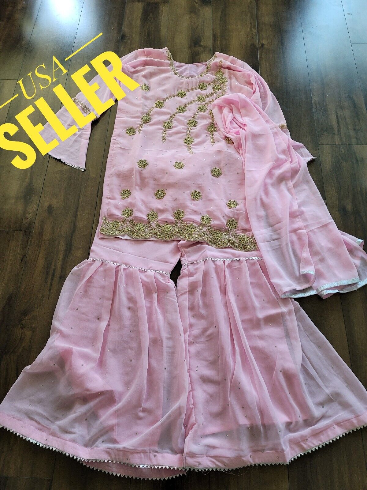 Z1 Partywear Size L bollywood stone Embriodery Sharara Suit pink color Bust 42