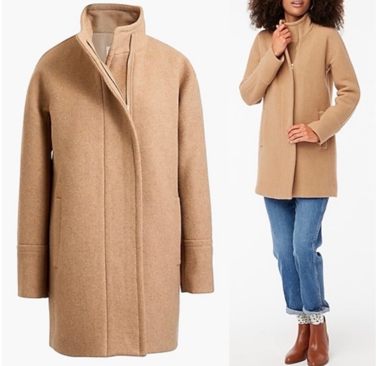 J Crew wool camel coat tan zip up